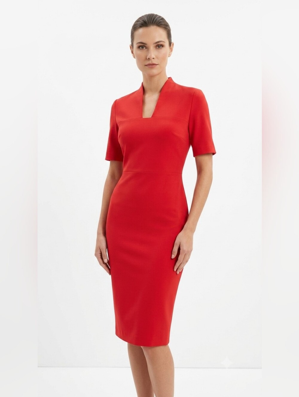 Escada Red Sheath Dress - Classic V-Notch Neck
